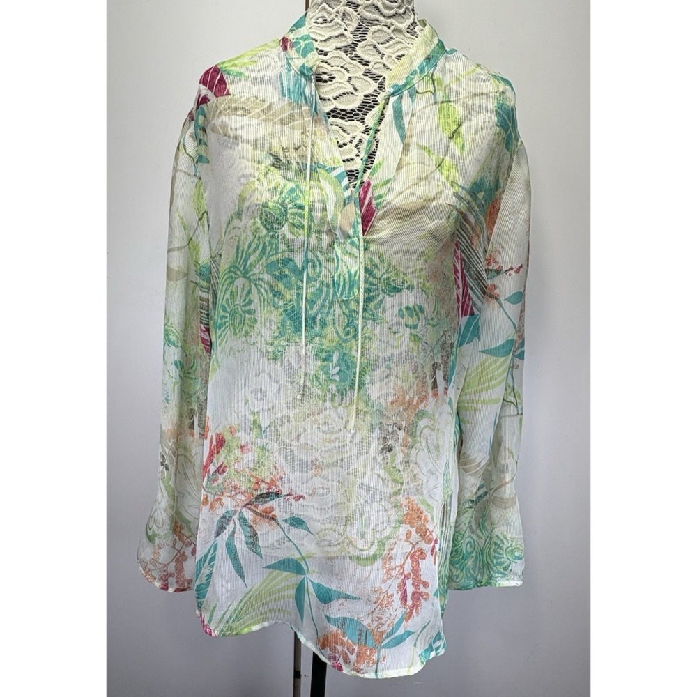 Chicos Large Tunic Top Cover Up Sheer Floral Tropical Print Lightweight V Neck